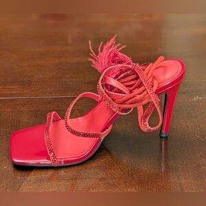 Chic Red Strappy Heels with Feather Detail